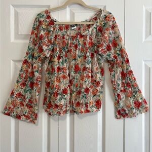 Y2K 90s Floral lace bell sleeve blouse with ruffle detail large Fairycore BOHO